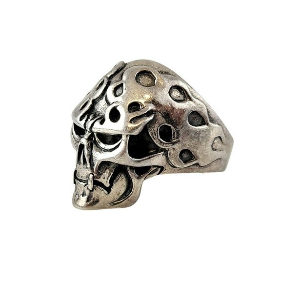 Men's Sterling Silver Flaming Skull Biker Ring - Picture 2 of 10